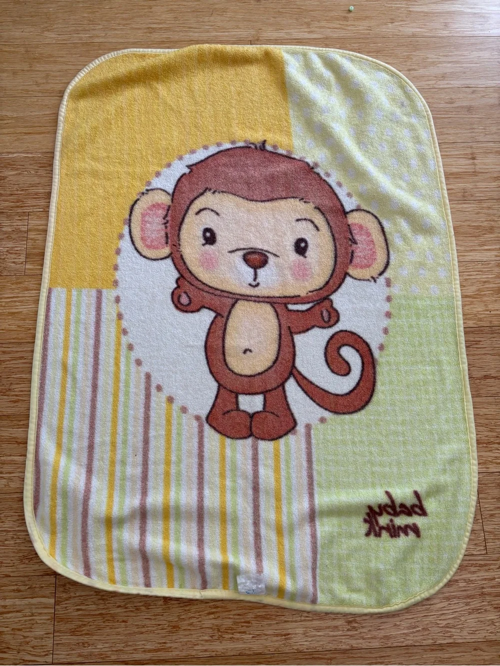 Vintage Baby Mink Monkey Blanket Fleece Yellow Green Stripe 31